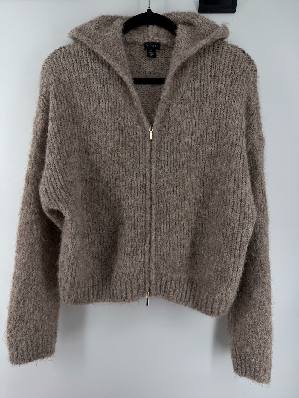 Halogen Beige Fuzzy Knit Full Zip Hooded Cardigan Sweater Wool Blend Size M NWOT